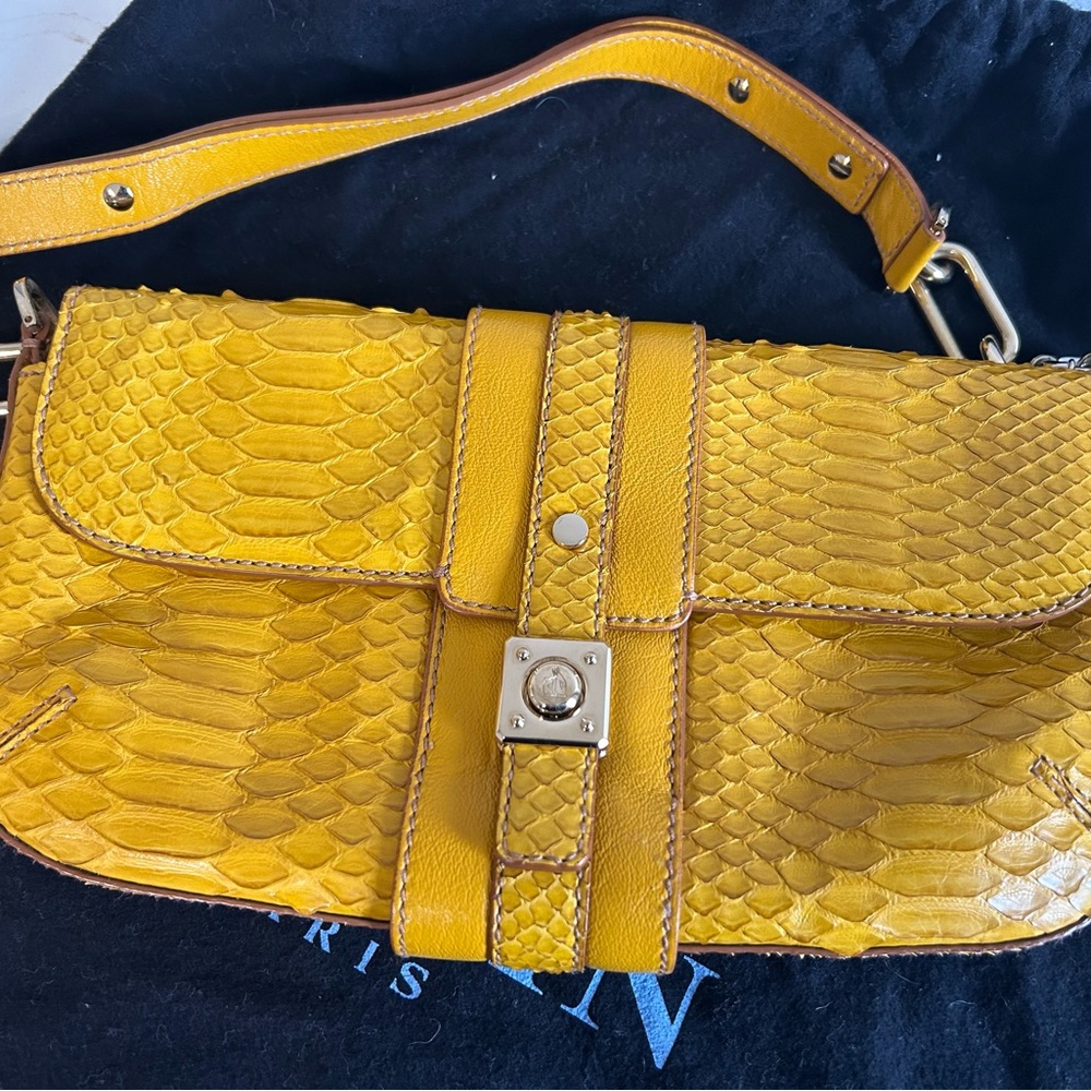 Lanvin Yellow Snakeskin Shoulder Bag with Silver Accents